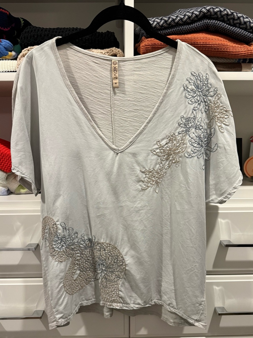 XCVI Light Green Embroidered V-Neck Top